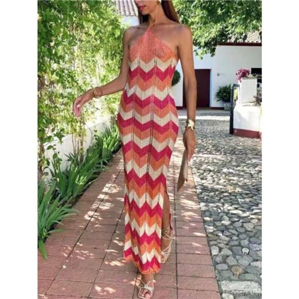 Chevron Pattern Halter Neck Sweater Dress